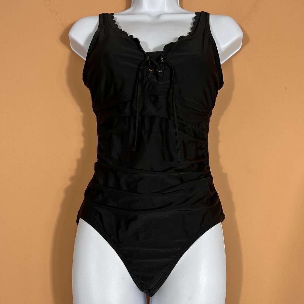 Kona Sol Women's Scalloped Black One Piece Swimsuit Size S